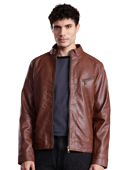 Leather Retail Full Sleeve Men's PU Brown Jacket ( LRM48BR )