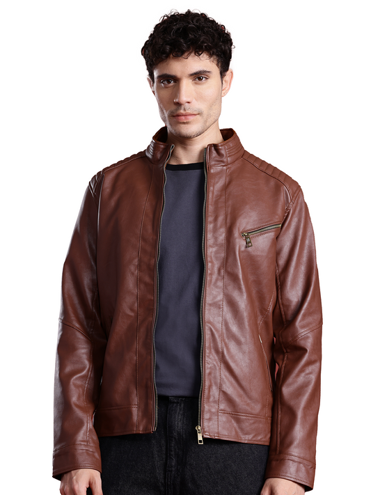 Leather Retail Full Sleeve Men's PU Brown Jacket ( LRM48BR )