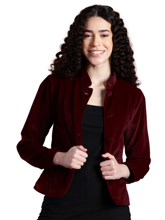 Leather Retail Women Full Sleeve Velvet Three Button Mahroon Jacket ( LRVEL4BMH )