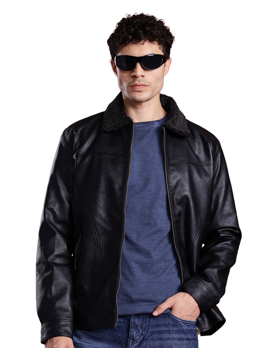 Leather Retail Men Spread Collar PU Biker Jacket ( LRM49BL )