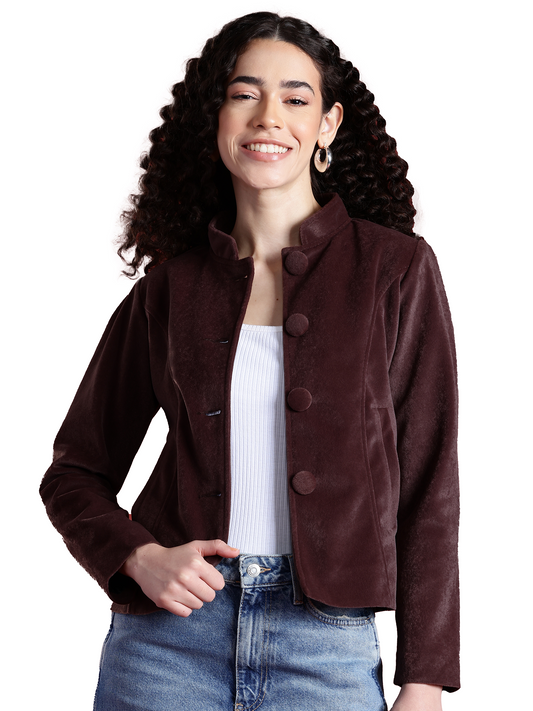 Leather Retail Women Full Sleeve Velvet Four Button Coffee Jacket ( LRVEL4BCO )