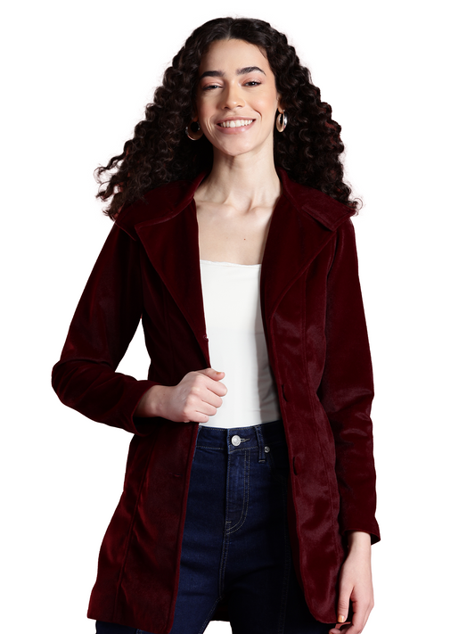 Leather Retail Women Full Sleeve Velvet Three Button Mahroon Jacket ( LRVEL3BMH )