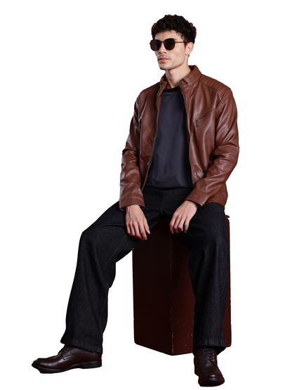 Leather Retail Full Sleeve Men's PU Brown Jacket ( LRM48BR )
