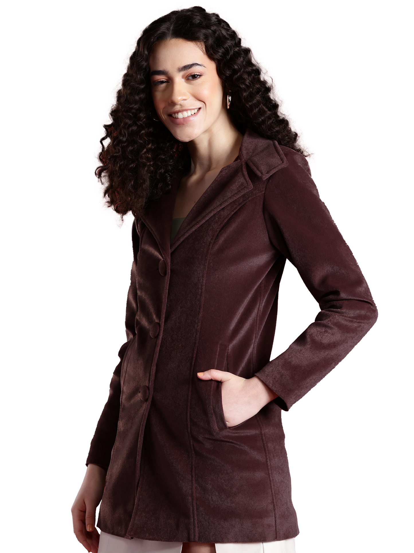 Leather Retail Women Full Sleeve Velvet Three Button Coffee Jacket ( LRVEL3BCO )