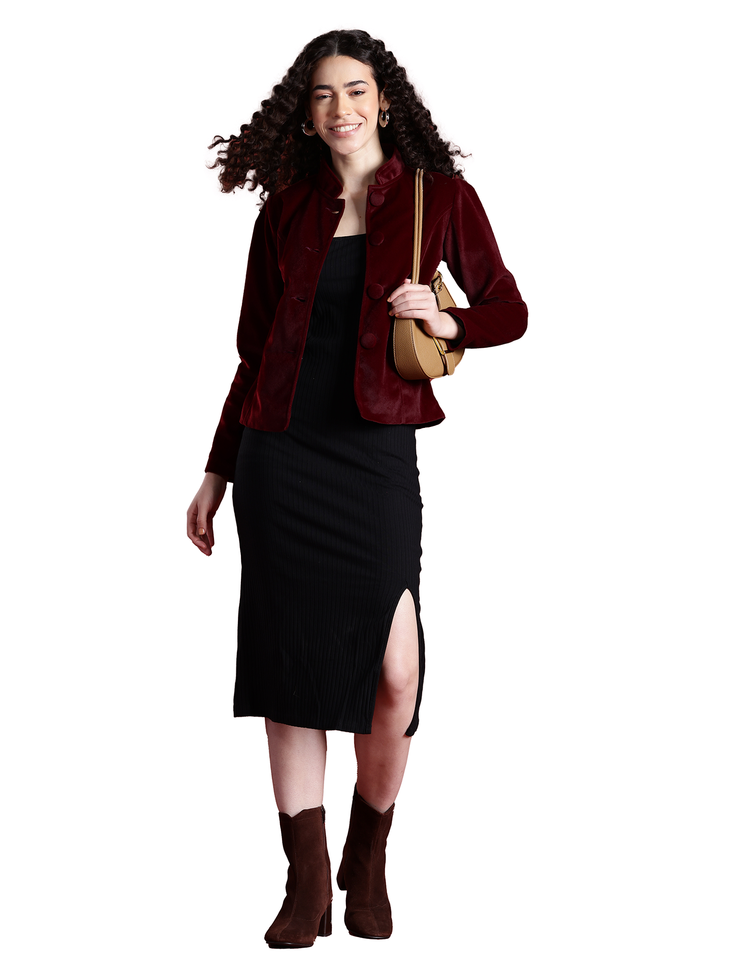 Leather Retail Women Full Sleeve Velvet Three Button Mahroon Jacket ( LRVEL4BMH )