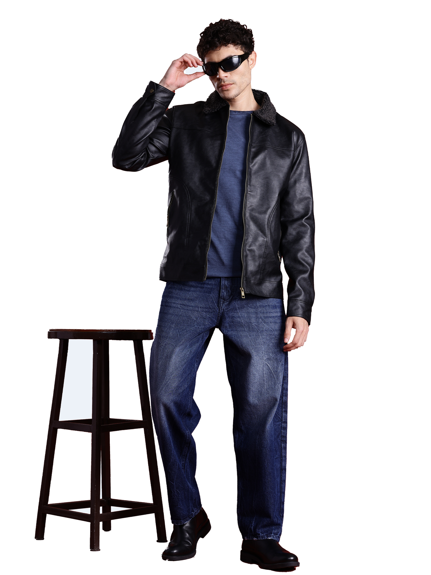 Leather Retail Men Spread Collar PU Biker Jacket ( LRM49BL )