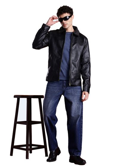 Leather Retail Men Spread Collar PU Biker Jacket ( LRM49BL )