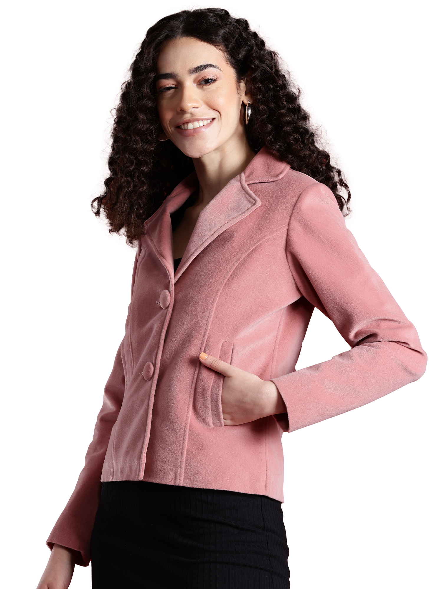 Leather Retail Women Full Sleeve Velvet Two Button Pink Jacket ( LRVEL2BPN )