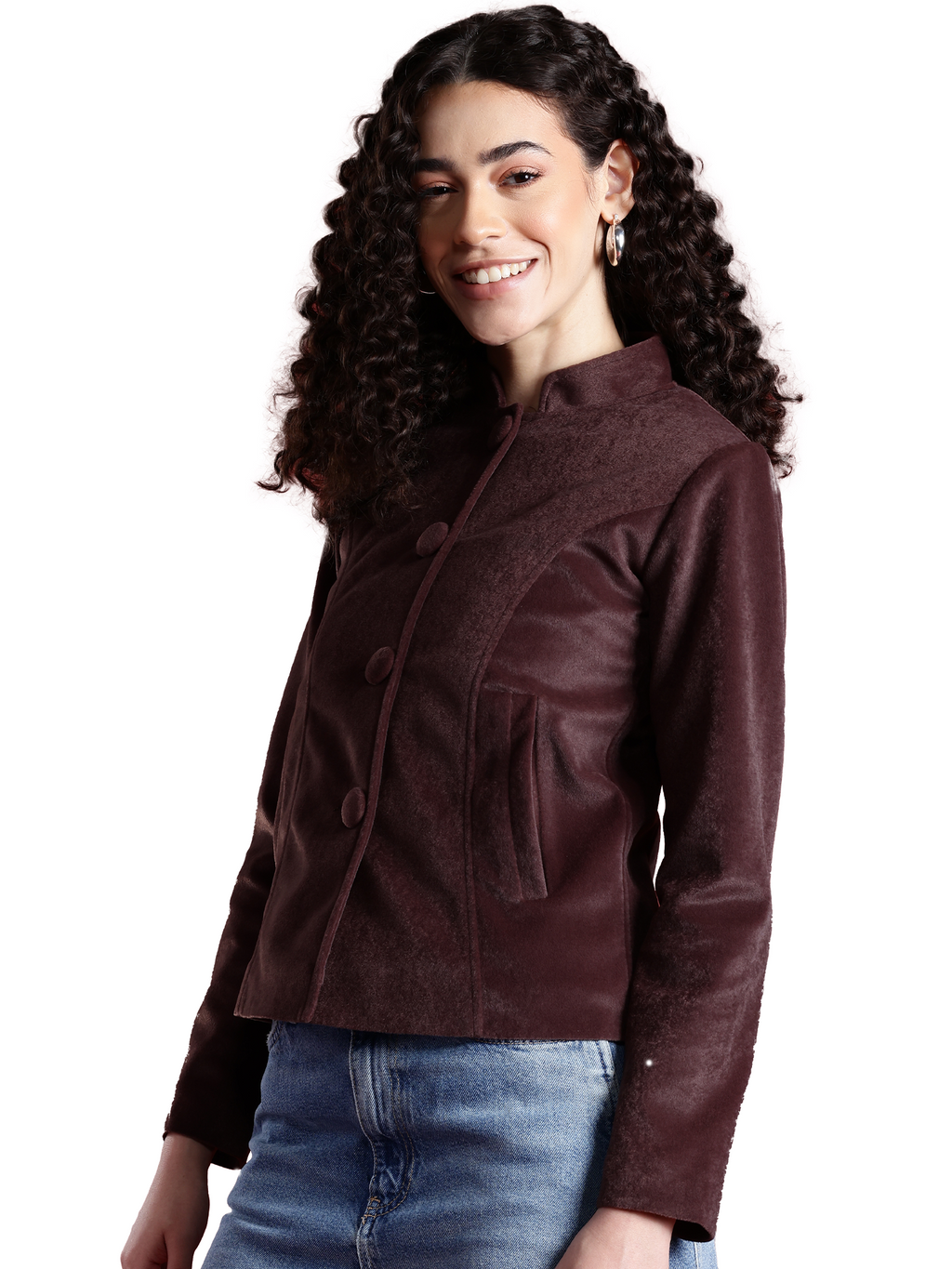 Leather Retail Women Full Sleeve Velvet Four Button Coffee Jacket ( LRVEL4BCO )