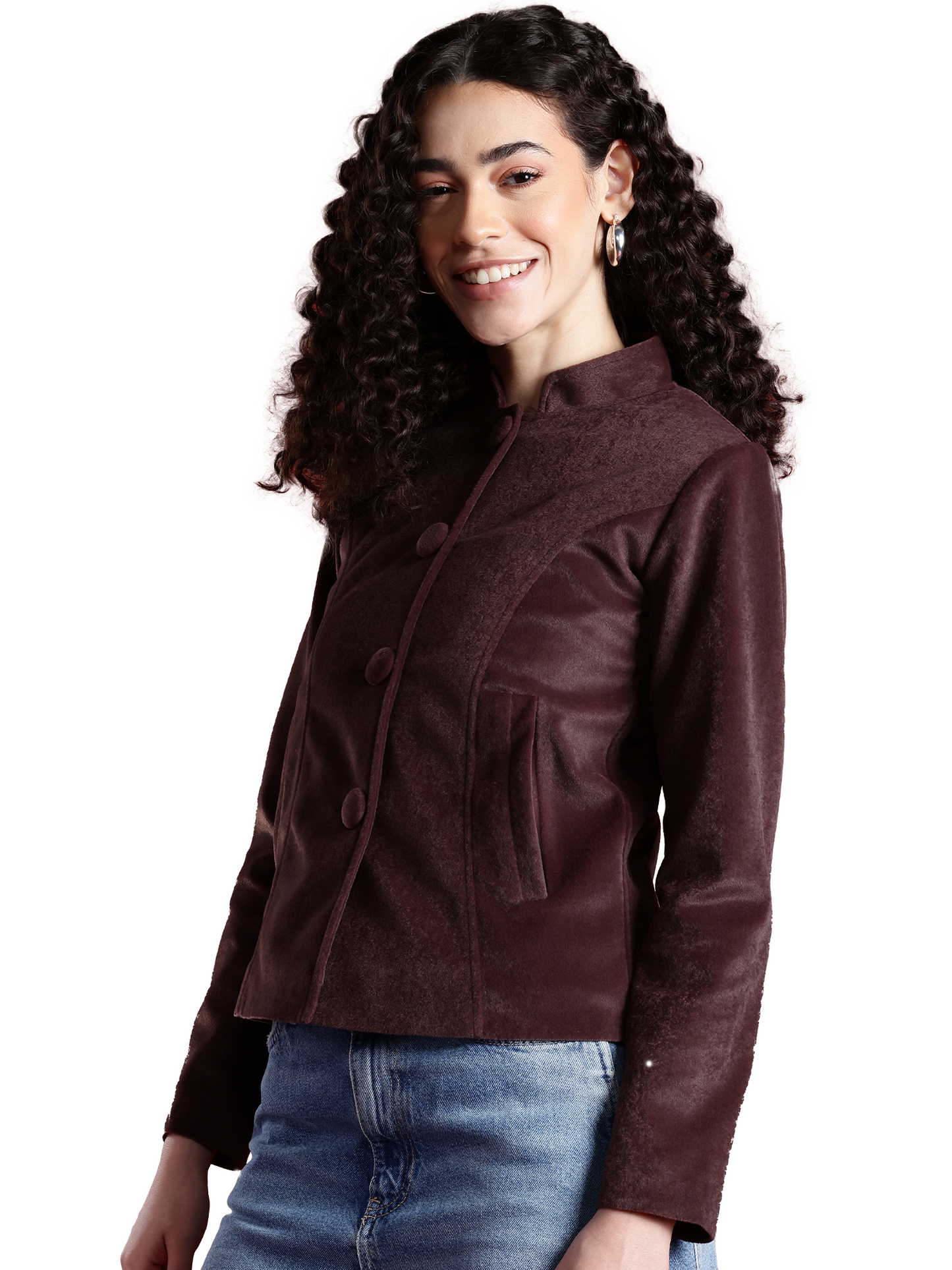 Leather Retail Women Full Sleeve Velvet Four Button Coffee Jacket ( LRVEL4BCO )