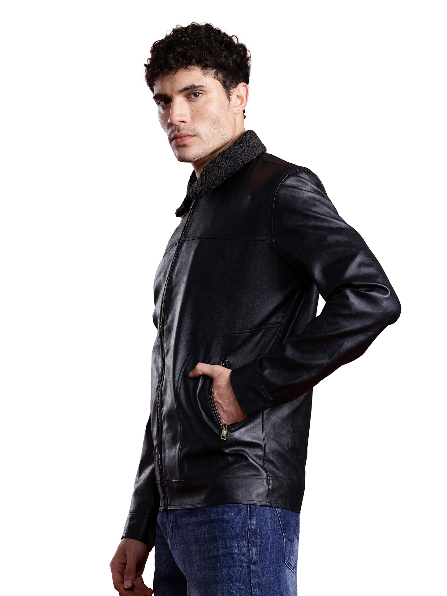Leather Retail Men Spread Collar PU Biker Jacket ( LRM49BL )