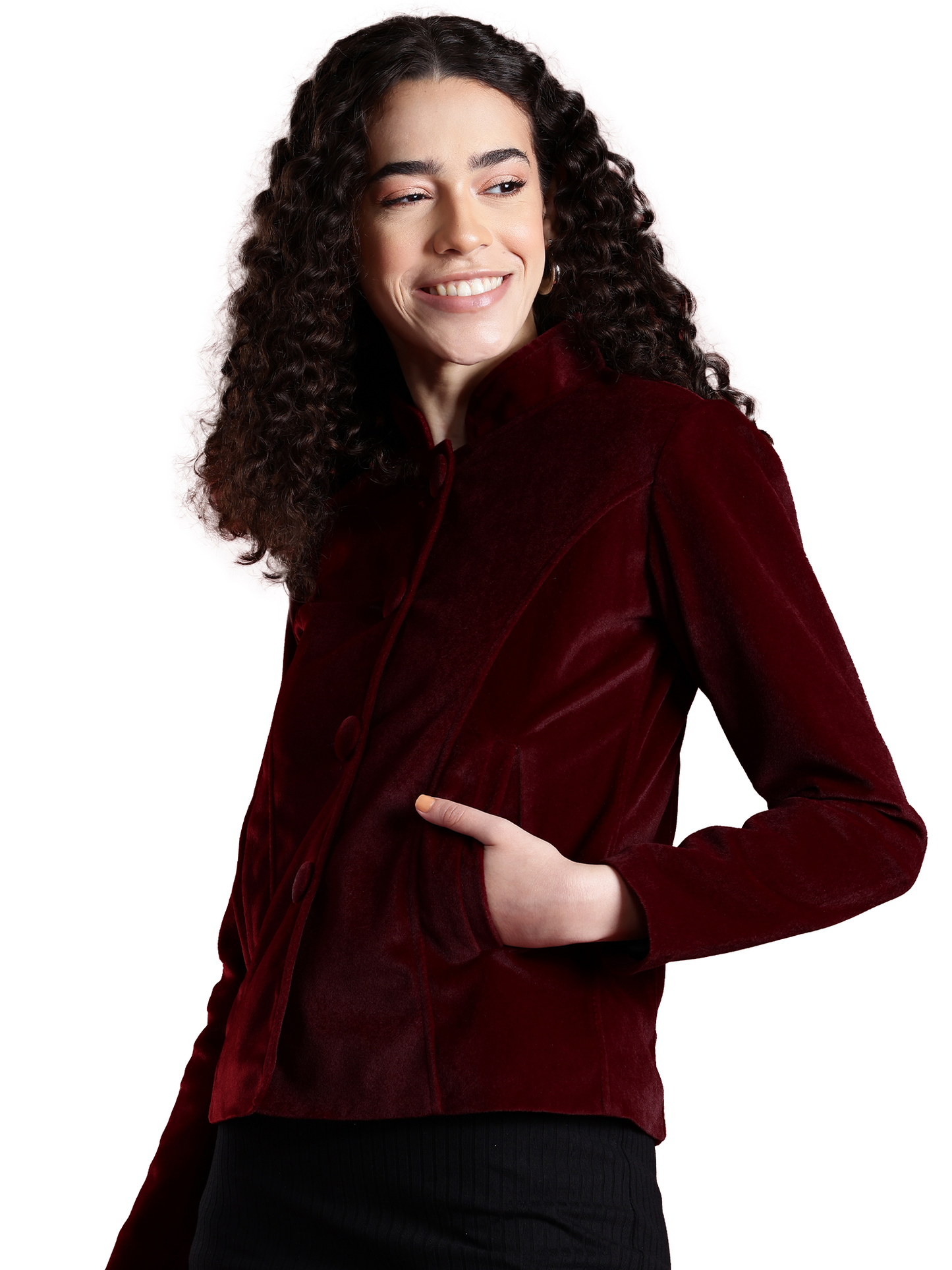 Leather Retail Women Full Sleeve Velvet Three Button Mahroon Jacket ( LRVEL4BMH )