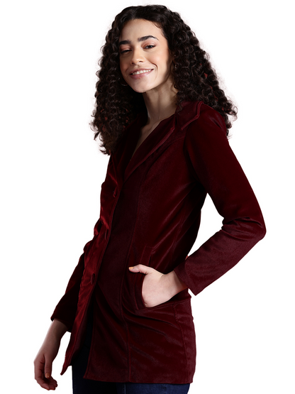 Leather Retail Women Full Sleeve Velvet Three Button Mahroon Jacket ( LRVEL3BMH )