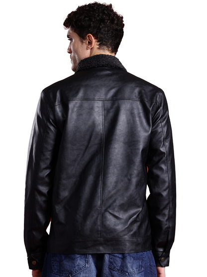 Leather Retail Men Spread Collar PU Biker Jacket ( LRM49BL )