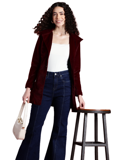 Leather Retail Women Full Sleeve Velvet Three Button Mahroon Jacket ( LRVEL3BMH )