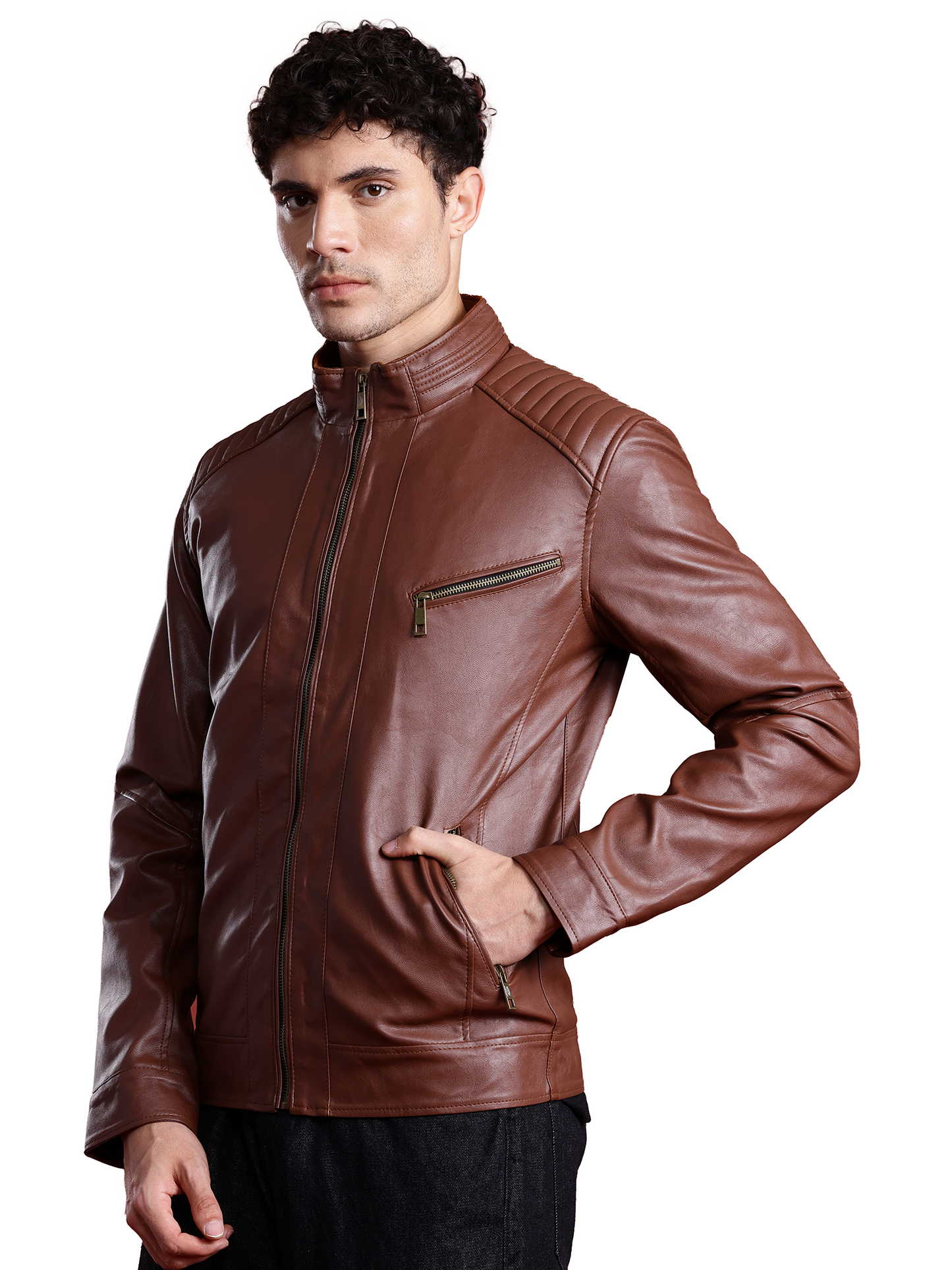 Leather Retail Full Sleeve Men's PU Brown Jacket ( LRM48BR )