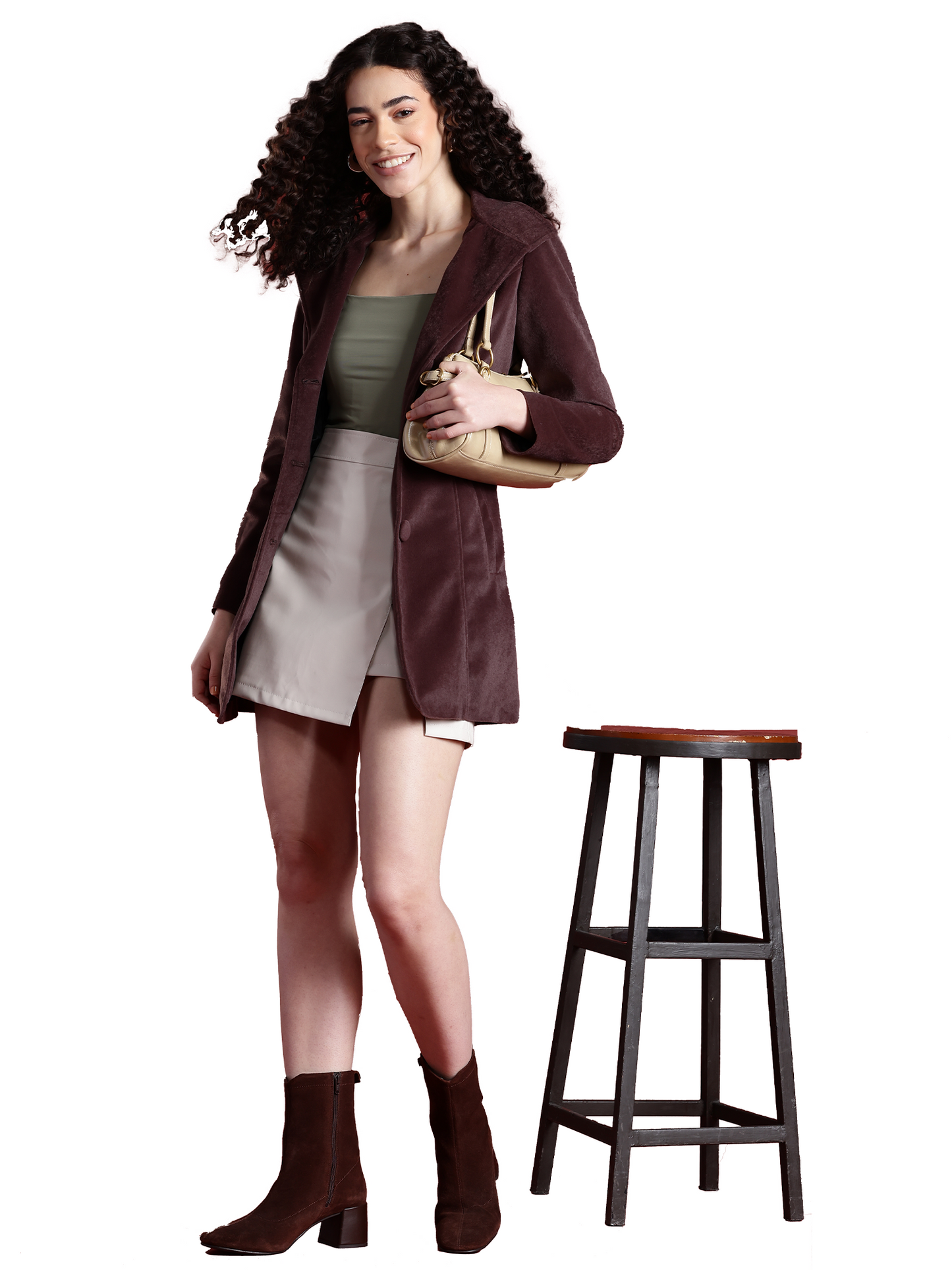 Leather Retail Women Full Sleeve Velvet Three Button Coffee Jacket ( LRVEL3BCO )