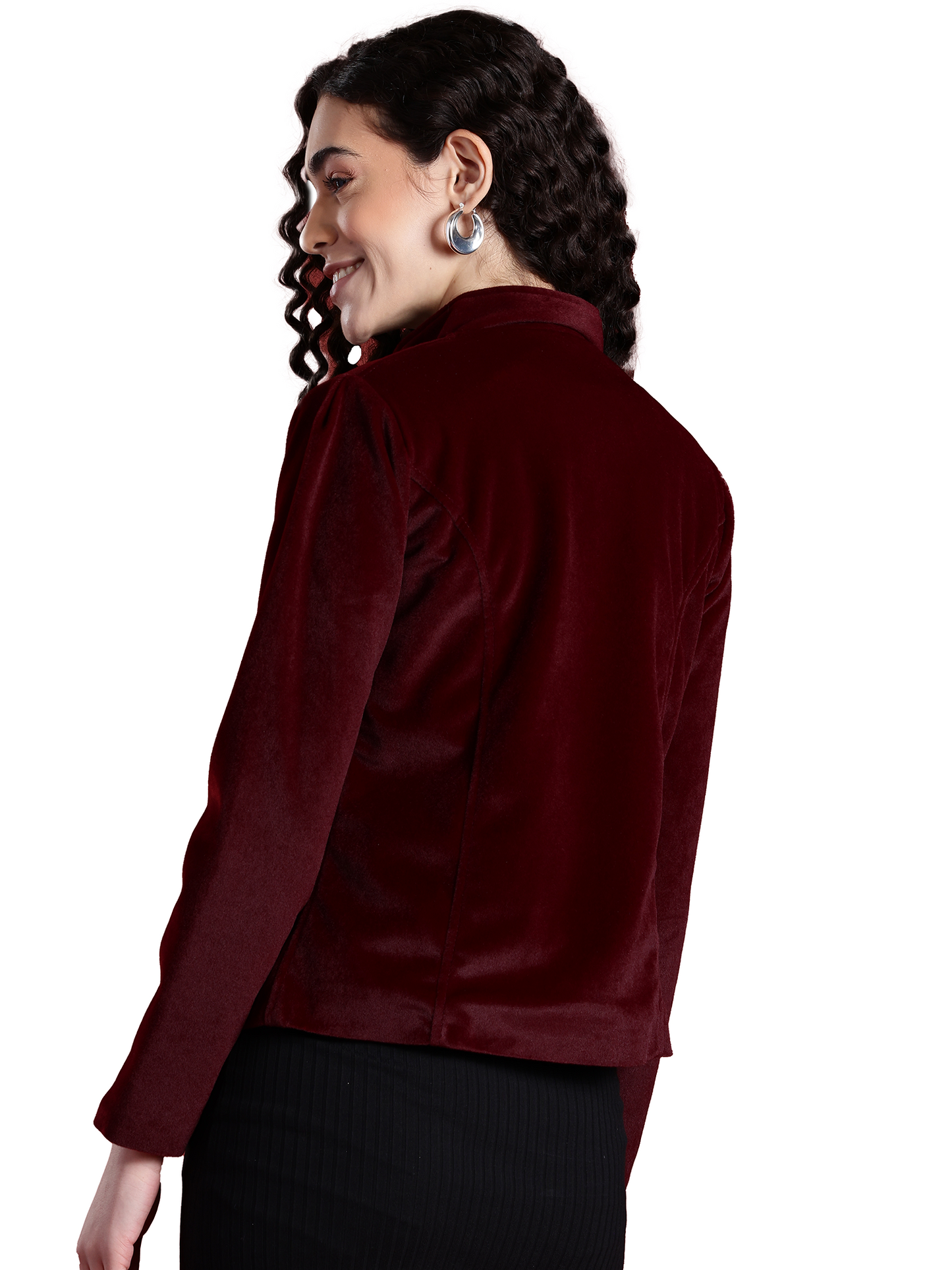 Leather Retail Women Full Sleeve Velvet Three Button Mahroon Jacket ( LRVEL4BMH )