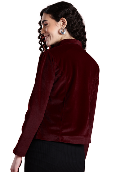 Leather Retail Women Full Sleeve Velvet Three Button Mahroon Jacket ( LRVEL4BMH )