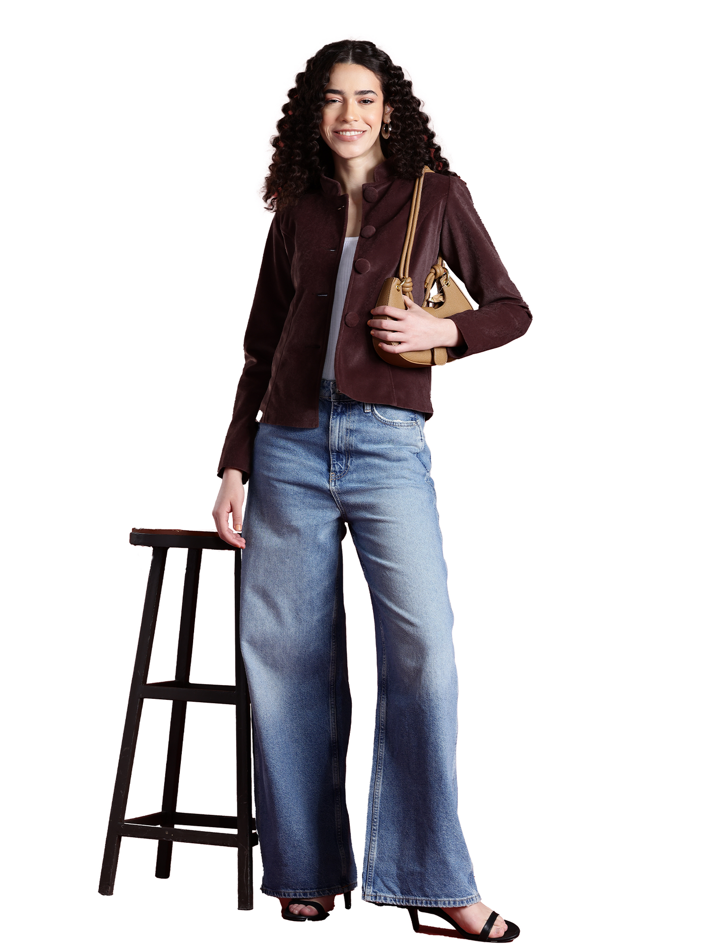 Leather Retail Women Full Sleeve Velvet Four Button Coffee Jacket ( LRVEL4BCO )