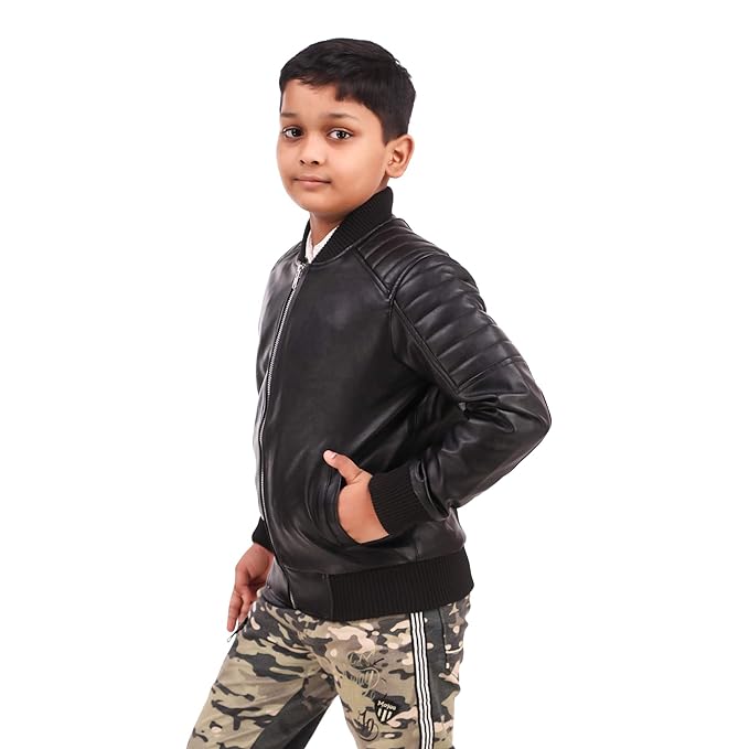 Leather Retail® Black Faux Leather Jacket for Kids(LRKDELBL)