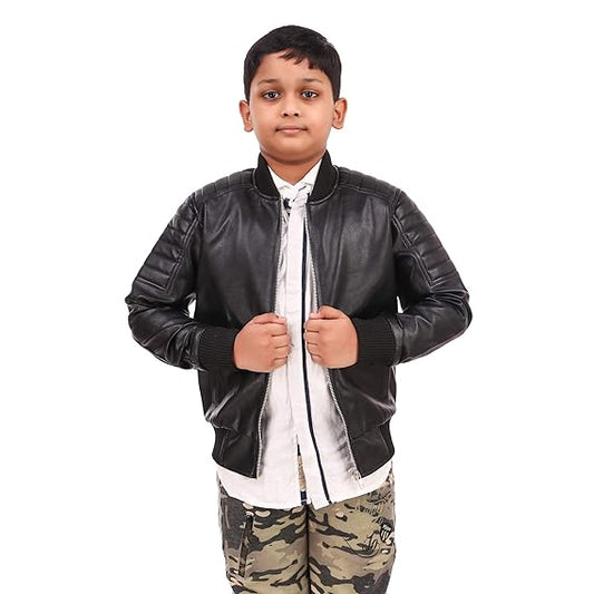 Leather Retail® Black Faux Leather Jacket for Kids(LRKDELBL)