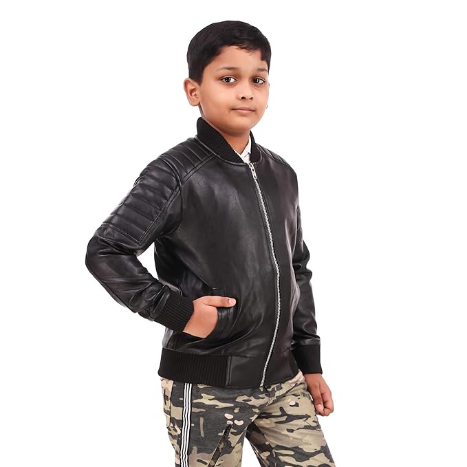 Leather Retail® Black Faux Leather Jacket for Kids(LRKDELBL)