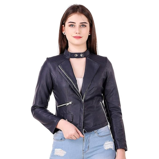 Leather Retail Blue Colour Biker Faux Leather Jacket for Women’s (LRBIBU)